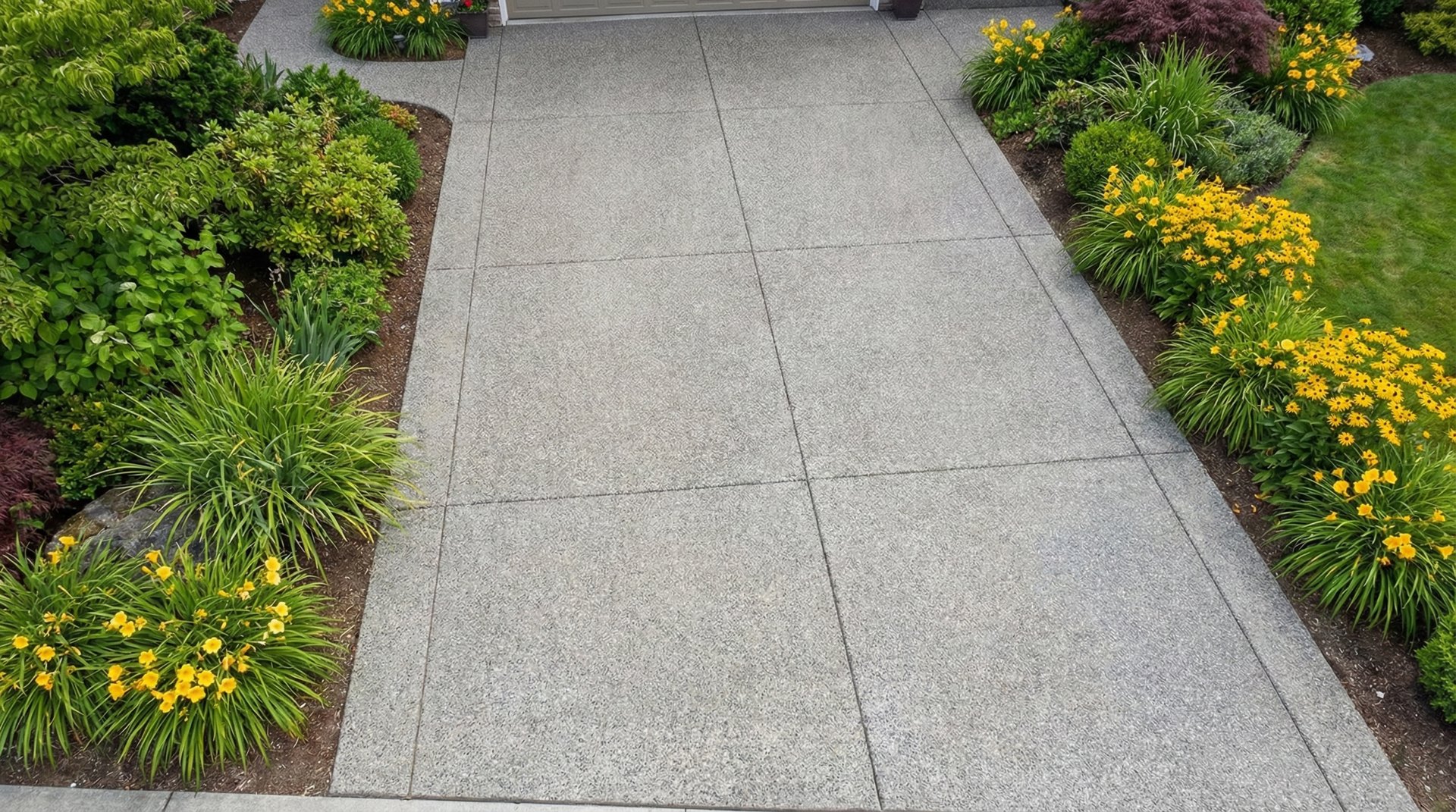 Beautiful concrete driveway with landscaping