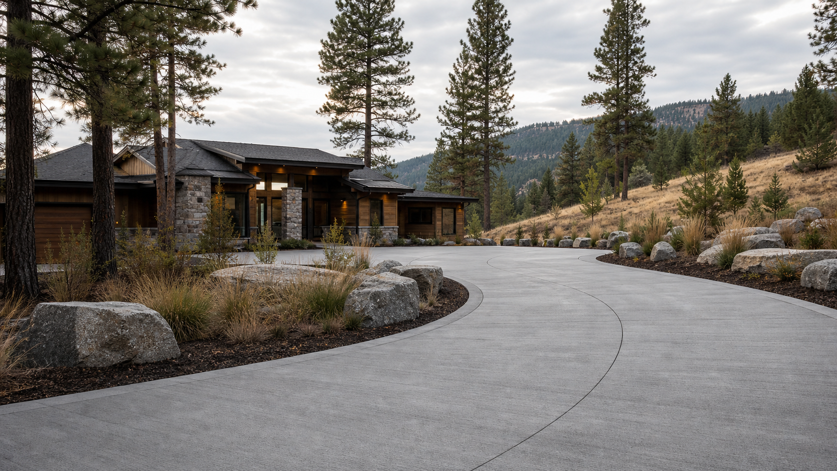 Concrete driveway at a wooded Spokane home